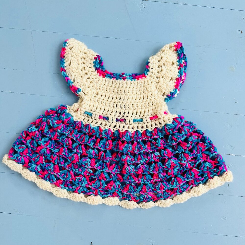 Vintage Crocheted Baby Dress Apron Purple Pink Flutter Sleeves Hippie Dress Boho